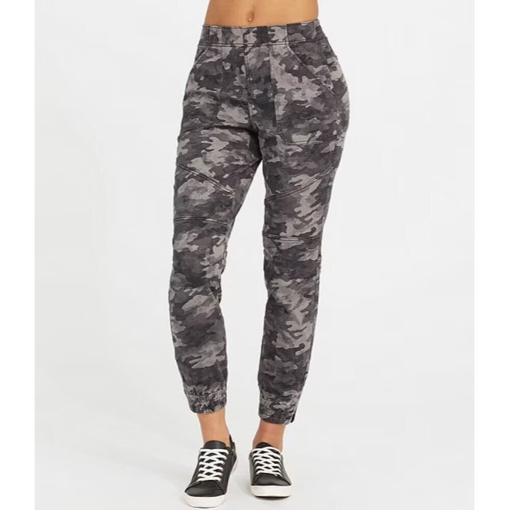 SPANX Stretch Twill Mid Rise Jogger Pant Gray Black Women's Size Medium GUC